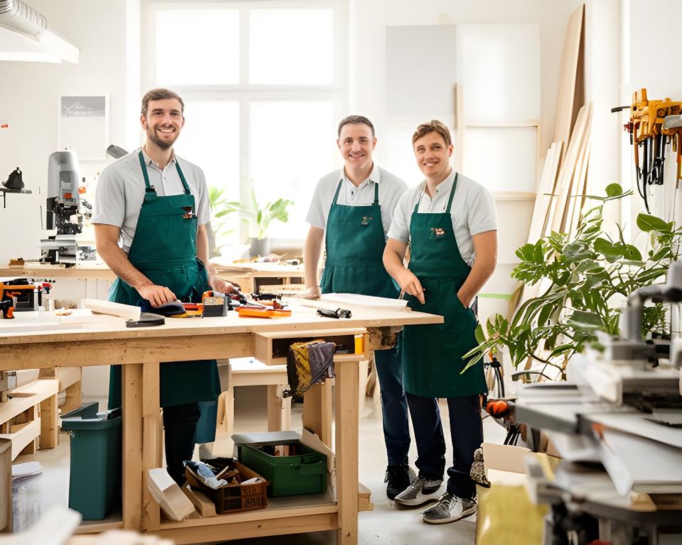Team von Heimglück Heimatpflege GmbH in einer hellen Wiener Werkstatt mit Werkzeugen, Pflanzen und freundlicher Arbeitsatmosphäre